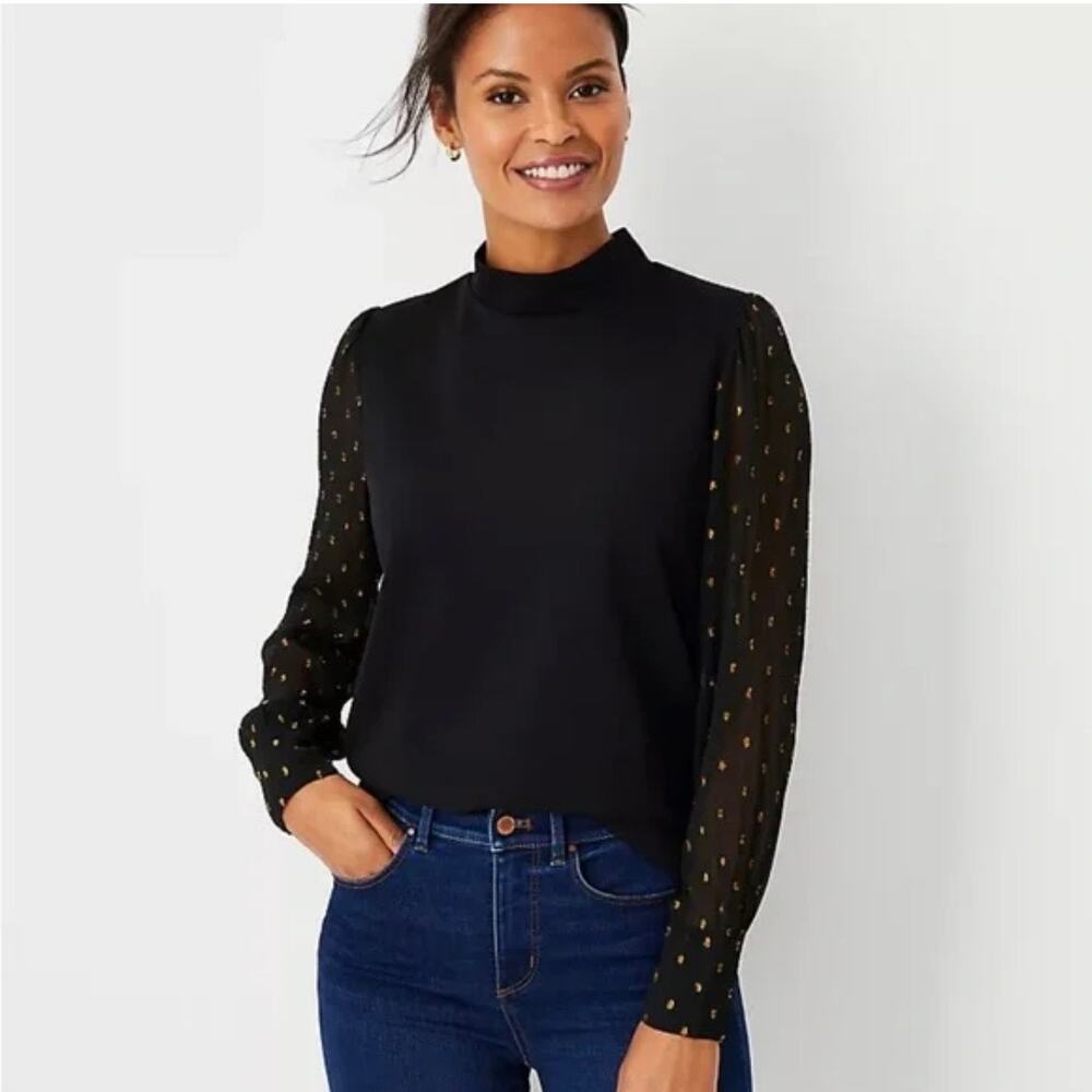 Ann Taylor Black Sheer Sleeve Gold Dot Top Size Small NWT